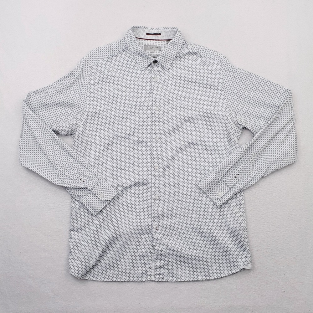 Ted Baker Shirt Mens Extra Large Gray Diamond Geometric Mitered Flip Cuff Slim